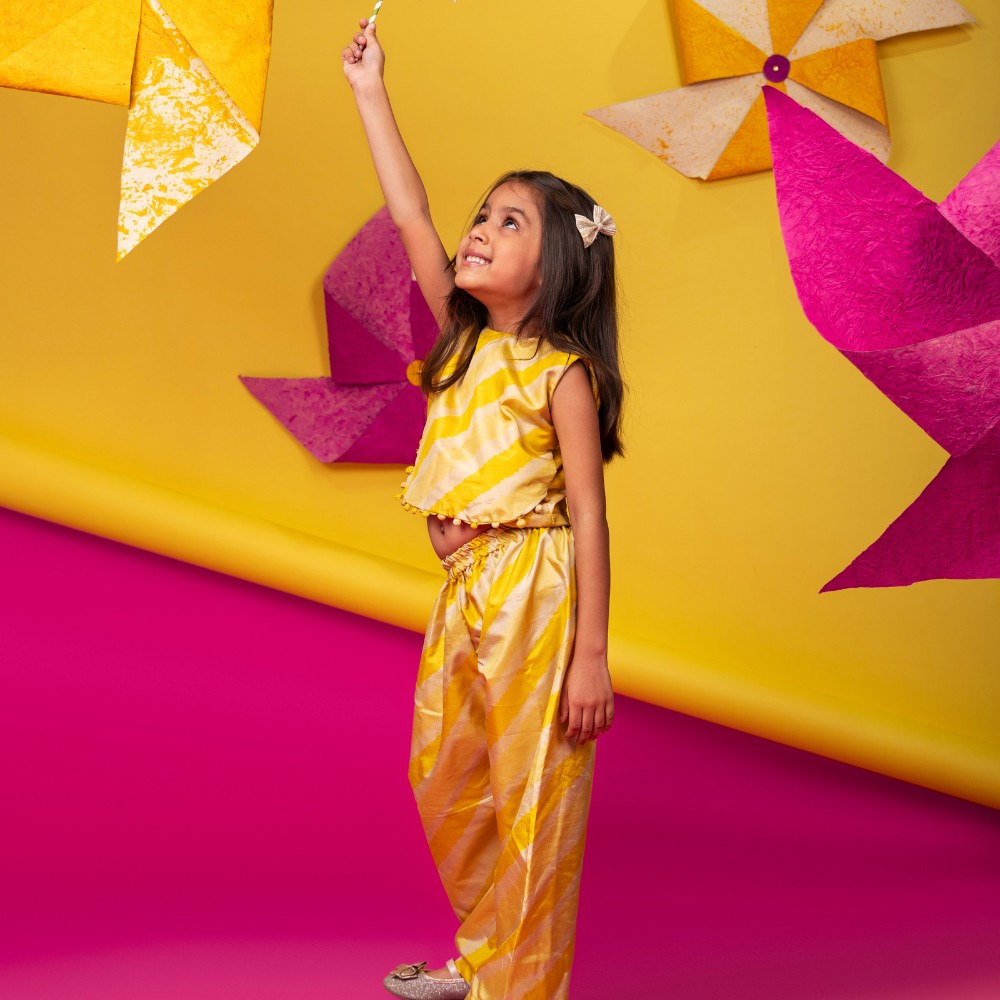 Yellow Leheriya top and pant set