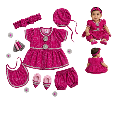 Pink bandhani 6 piece jamna set girl