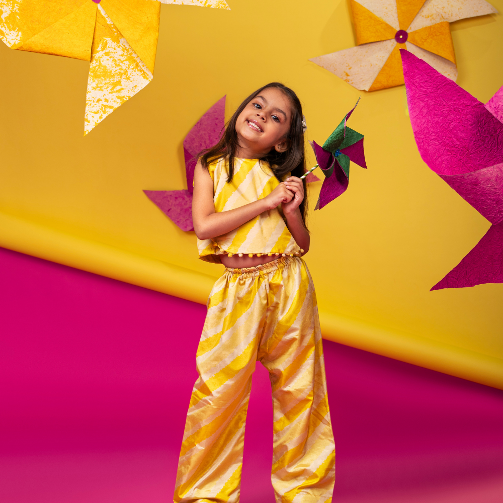 ⁠Yellow Leheriya top and pant set