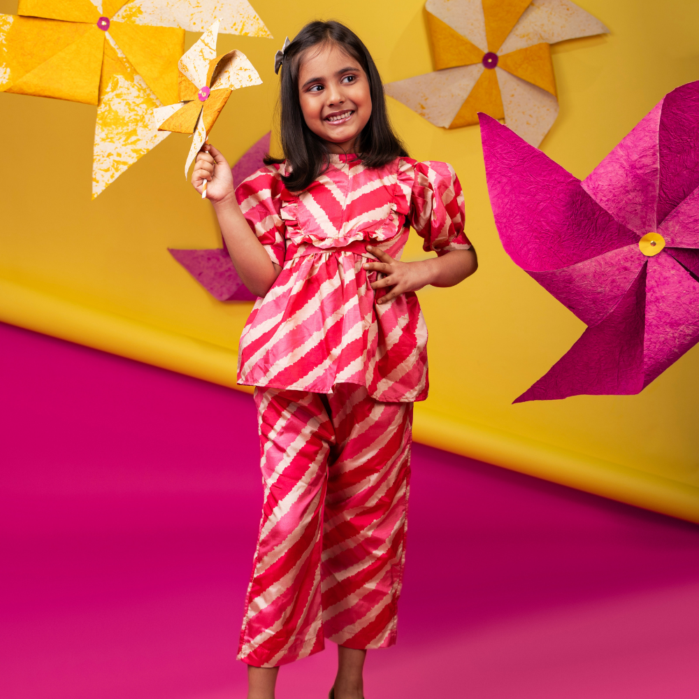 ⁠Pink Leheriya peplum and pant set